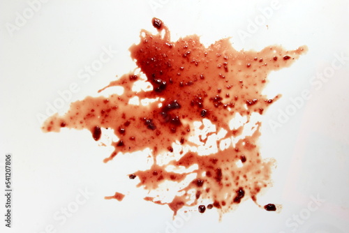 Red real blood splashed isolated on white background, Blood drip.