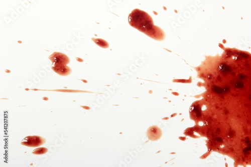 Red real blood splashed isolated on white background, Blood drip.