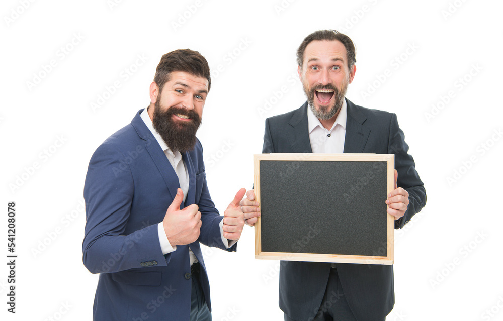 Best sale ever. Happy teachers hold blackboard isolated on white. Back to school sale. Sale and deal. Thumbs ups to low prices. Big savings. School supply sale. Special discount, copy space Best sale ever. Happy teachers hold blackboard isolated on white. Back to school sale. Sale and deal. Thumbs ups to low prices. Big savings. School supply sale. Special discount, copy space