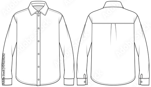plain white formal shirt flat sketch vector illustration mens long sleeve office wear shirt front and back technical cad drawing template. photo