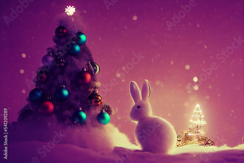 cute little rabbit on the background of the christmas tree, bunny on the christmas background