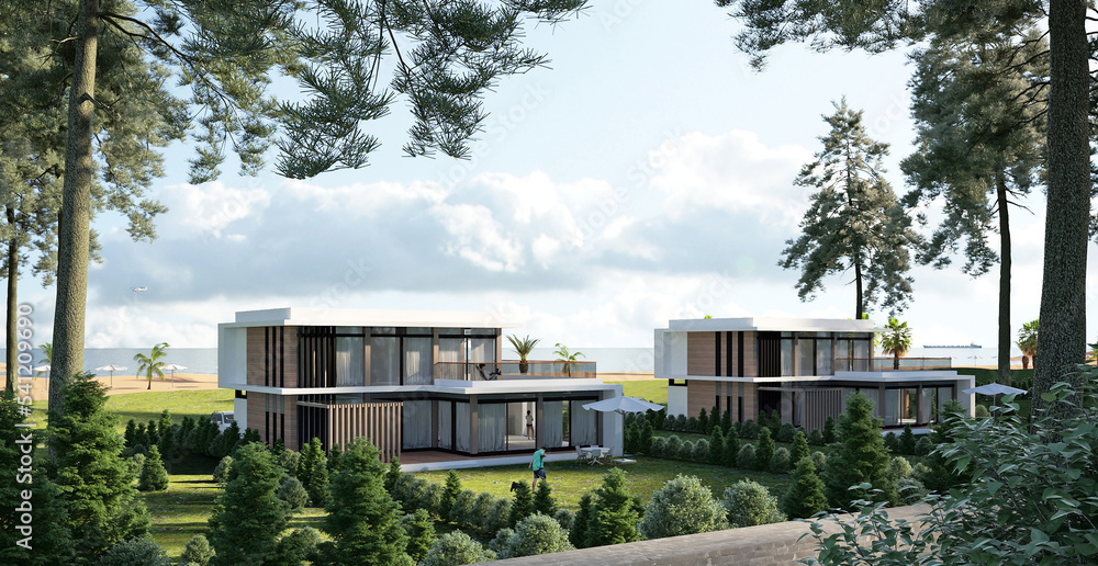 3D visualization of a modern apartment building by the sea. Modern architecture. House with terraces and balconies.