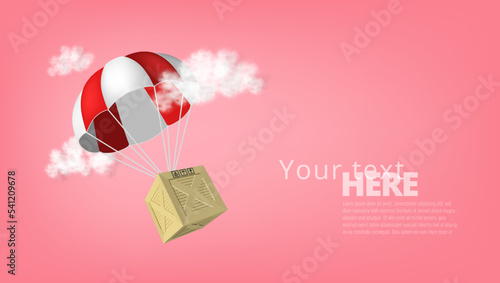 3D Red Parachute With Wooden Crate On It