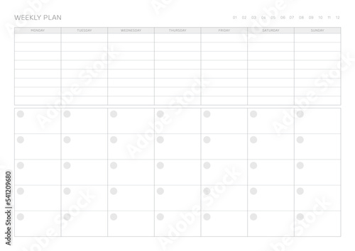A weekly plan design template in a modern, simple, and minimalist style. Note, scheduler, diary, calendar, planner document template illustration.