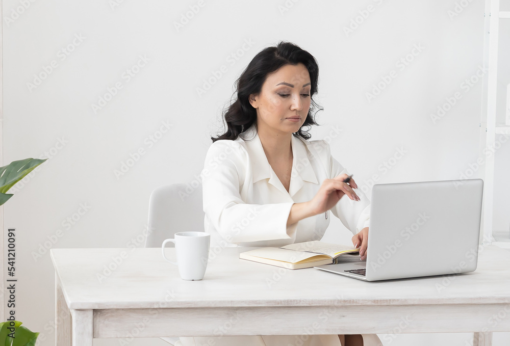 Portrait indian business woman in white suit working in office laptop computer. Small business owner people employee freelance online sme marketing e-commerce telemarketing concept Portrait indian business woman in white suit working in office laptop computer. Small business owner people employee freelance online sme marketing e-commerce telemarketing concept