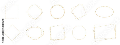 Glitter gold frame set. Christmas party border. Luxury golden background. Spark dust banner. Square photo framework. Wedding invitation. Elegant Holiday decor. Line glow poster. Vector illustration