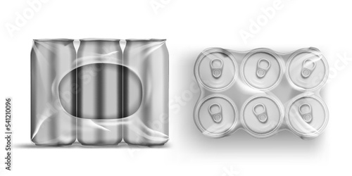 Tin Cans In Plastic Wrap. Jars Front And Top View