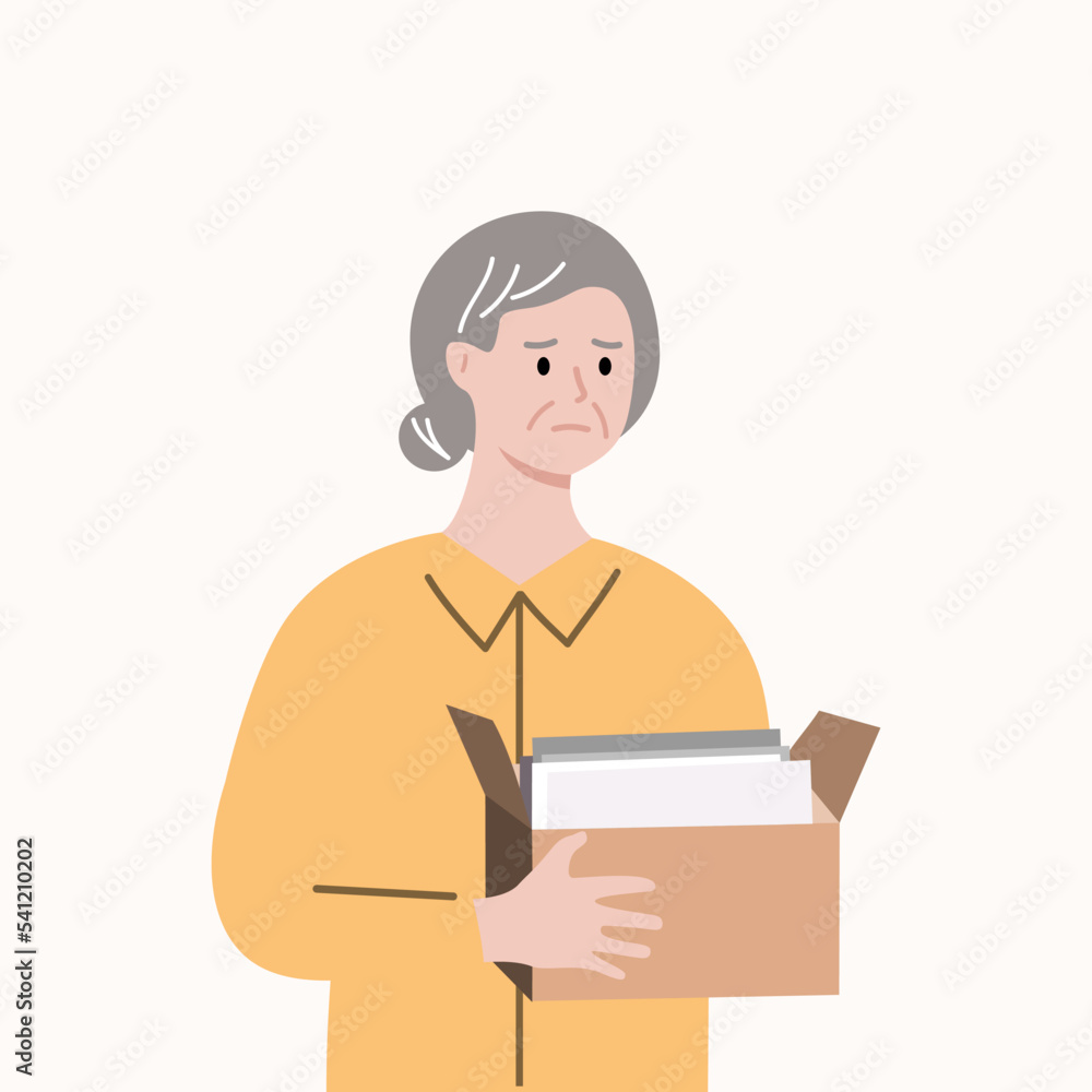 Depressed old woman fired from job. Businesswoman holding a box leaving office.  Business closure, layoff, unemployment concepts. Flat cartoon vector design isolated illustration.
