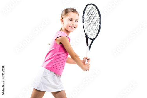 Young female tennis player in pink outfit. Little girl posing with racket and ball isolated on white background. © Nikola Spasenoski