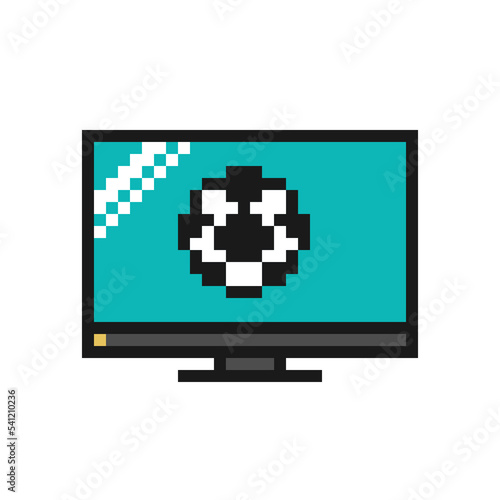 Football or soccer match live broadcast icon in pixel art design isolated on white background.