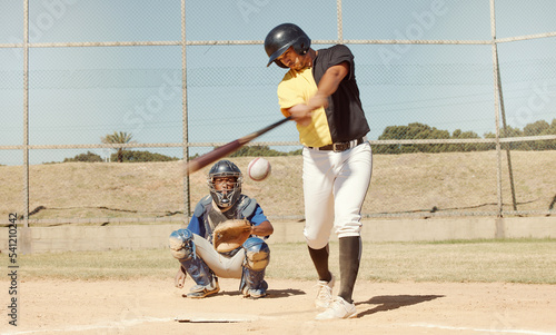 Canvas Print Sports man, field and baseball player strike ball in game competition, practice or bat training workout