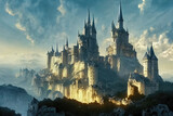 Concept art featuring fantasy castle in the middle ages. Medieval digital inspiration of a large fort among mountains with a city below. Olden and scenic city in middle earth. Wallpaper background art