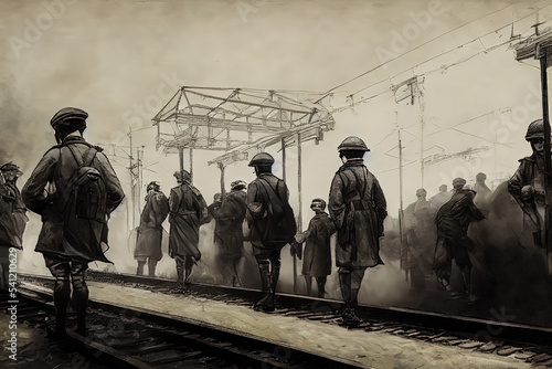 Obraz na plátně Digital painting of battalion of soldiers walking by the train tracks in WW1