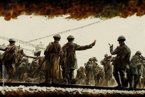 Fényképezés Digital painting of battalion of soldiers walking by the train tracks in WW1