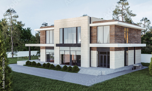 3D visualization of a house with a terrace and panoramic windows. House on the background of trees