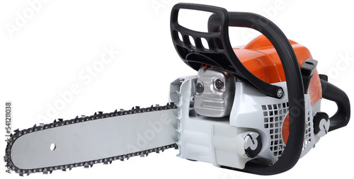 Modern new motor chain saw front side view isolated photo