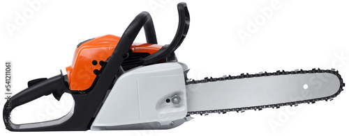 Foto Modern new motor chain saw side view isolated