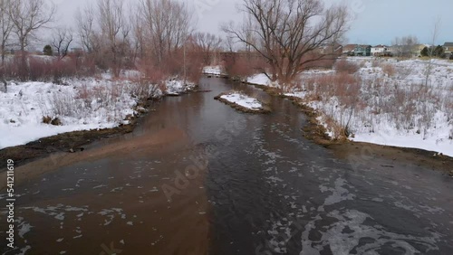 Bubbling Brook of Water in Stream • Snowy Winter Weather • Aerial Drone Steady B Roll Footage photo