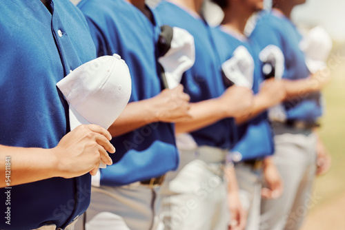 Sports, baseball and team singing anthem at start of game, athlete competition or baseball field tournament. Country solidarity, fitness training pitch or exercise workout for healthy softball player photo