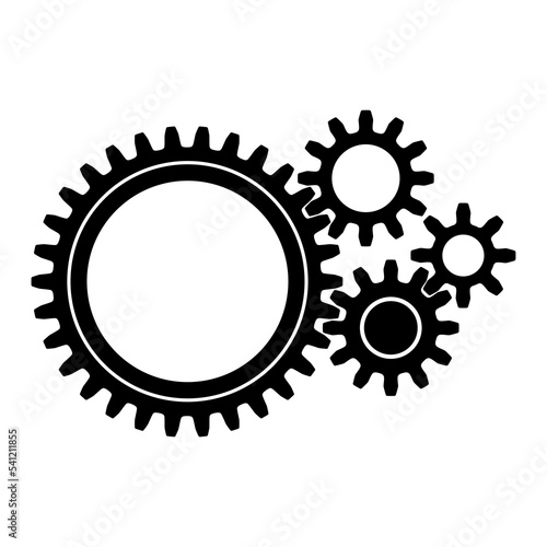 4 sizes of mechanical cogwheels, small 8 teeth, medium 12 teeth and large 30 teeth. Black silhouette gear icon design element. White background. Vector illustration.