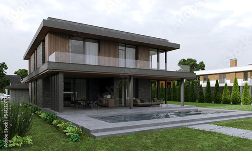 3D visualization of a house with a brick and wooden facade. Lake house. Terrace. panoramic windows. House with a burglar © House