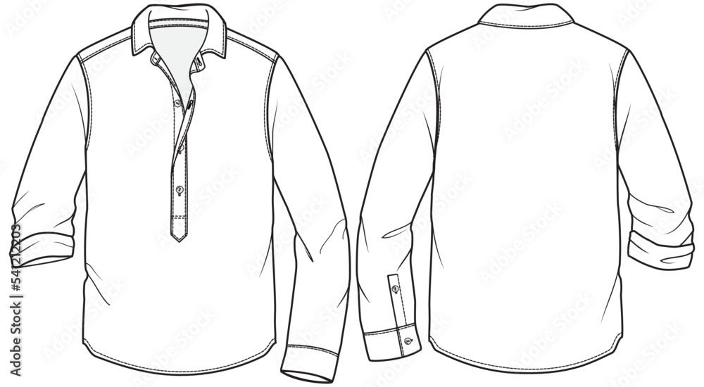 mens long sleeve popover shirt flat sketch vector illustration front ...
