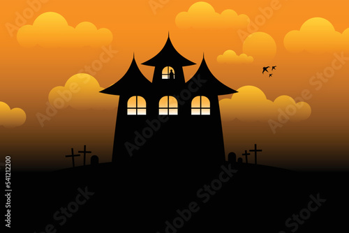 Ghost castle silhouette and dracula at the window yellow sky dark background