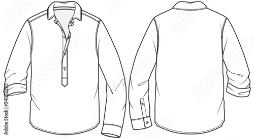 mens long sleeve popover shirt flat sketch vector illustration front and back view technical cad drawing template