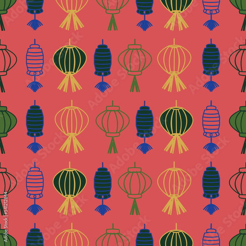 Orange lanterns in rows seamless pattern background.  Perfect for fabric, scrapbooking, quilting, wallpaper and many more projects.