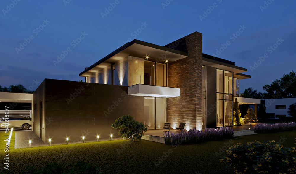 3D visualization of a modern house with a terrace and panoramic windows ...