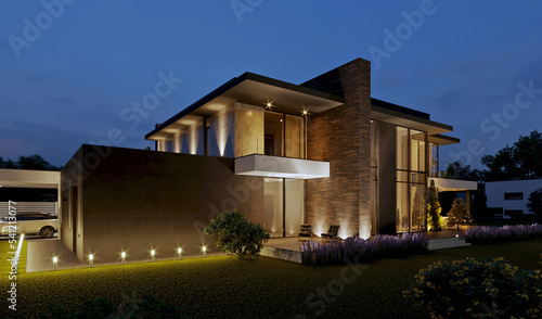 Fotografering 3D visualization of a modern house with a terrace and panoramic windows