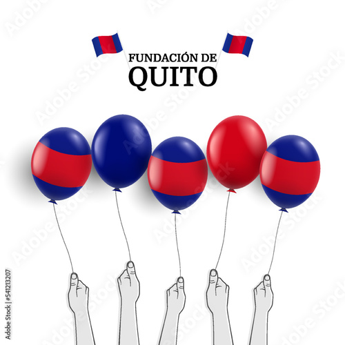 Vector Illustration of Foundation of Quito. Hand with balloons. 