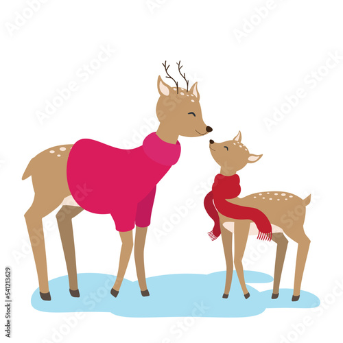 Vector illustration of two reindeers in pink christmas sweater and red scarf in cartoon style