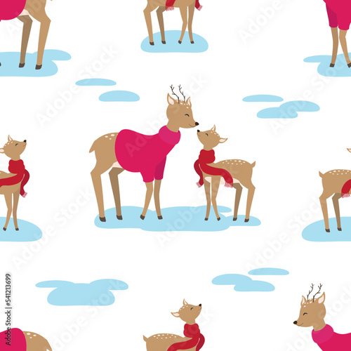 Vector seamless pattern with deers in pink sweaters  and red scarfs in cartoon style