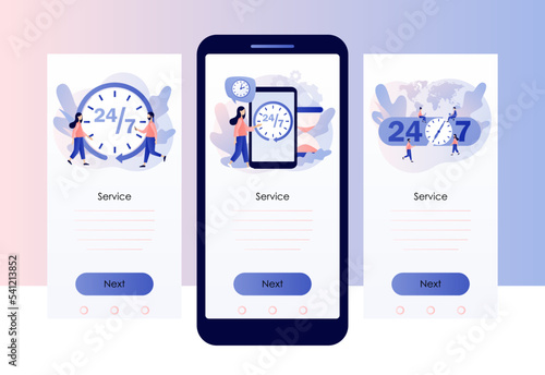 Around clock. 24 hours watch with arrow. 24-7 support service, open, time, working hours, delivery concept. Screen template for mobile, smartphone app. Modern flat cartoon style. Vector illustration
