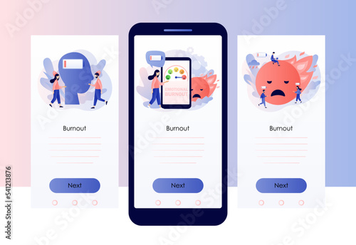 Emotional burnout. Low energy, tiredness, depression, stress level, mood scale, battery low. Overwork business people. Screen template for mobile, smartphone app. Modern flat cartoon style. Vector 