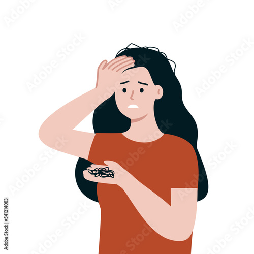 Young woman worrying about hair loss problem. Stressed Girl hand holding Fallen hair. Healthcare, baldness, disease, alopecia, anxiety concept. Flat cartoon character vector design illustrations