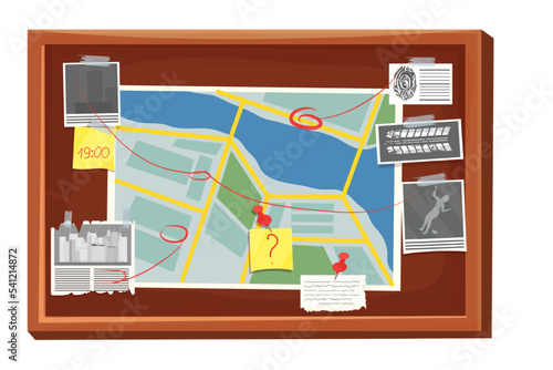 Detective investigation board, work place in cartoon style isolated on white background. Mystery photo, map, police mind plan 
