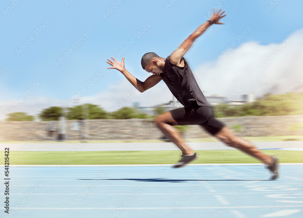Fototapeta premium Fitness, sports and runner running with speed, fast and with determination in training, exercise and cardio workout. Wellness, action and athlete sprinter sprinting in practice on race track in USA