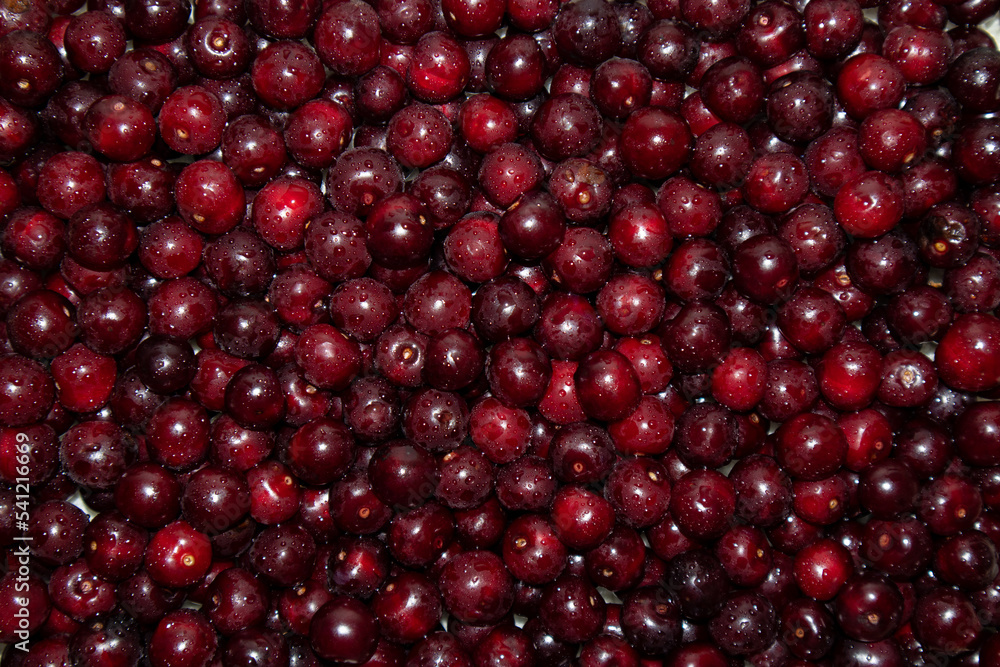 Background of red ripe cherries. View from above. Background of red ripe cherries. View from above.