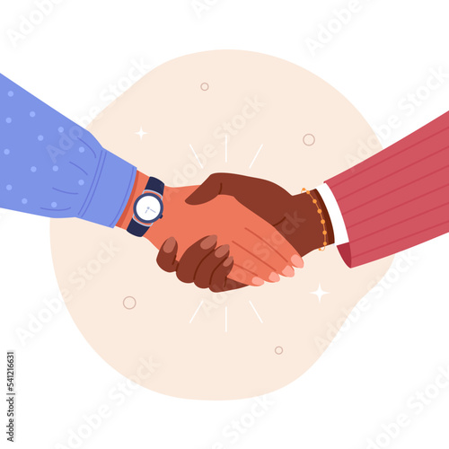 Handshake. Vector cartoon illustration of female hands in business outfits shaking each other. Isolated on background