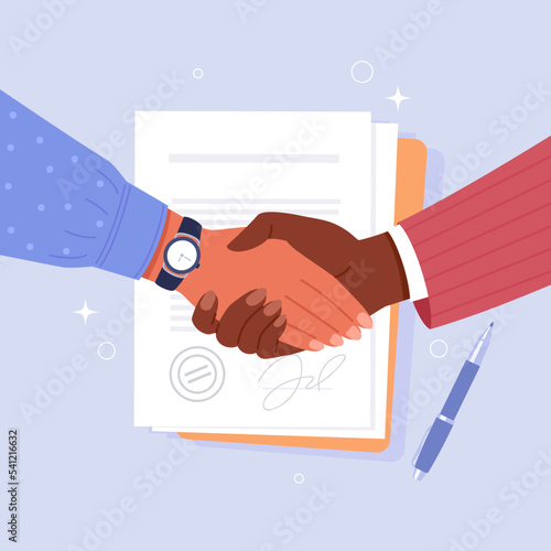 Handshake. Vector cartoon illustration of female hands in business outfits shaking each other on the background of a signed contract
