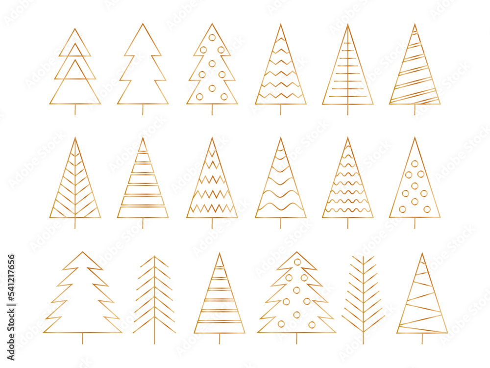Set of golden christmas tree line icons .Christmas tree with a stars. Vector golden simple icons collection isolated on white background.Gold Christmas tree line set