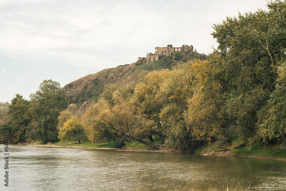 Ruins of medieval mountain Romanian castle Şoimoş Fortress (Cetatea Soimos Lipova Arad Romania) and valley of river Mures Ruins of medieval mountain Romanian castle Şoimoş Fortress (Cetatea Soimos Lipova Arad Romania) and valley of river Mures