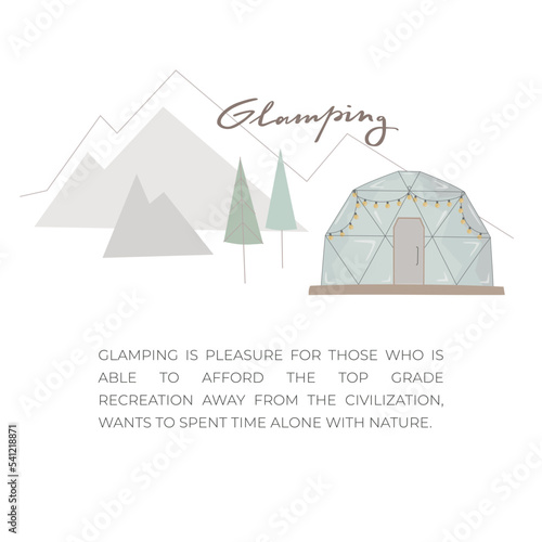 Simple flat glamping bubble house. Recreation in wild nature with facilities