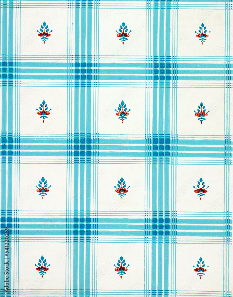 blue plaid with small red and blue flower-like motifs