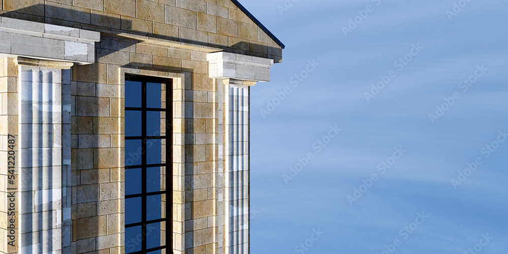 Art nouveau facade building with vertical window on background of blue sky and sparse clouds. Wallpaper banner. Place for text, mockup, copy space. 3d illustration. Minimal concept.	
