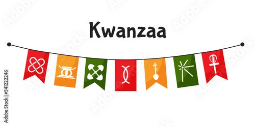 Festive bunting flags with seven principles of Kwanzaa symbols. A decorative element for the African American holiday Kwanzaa. Flat vector illustration isolated on white background photo