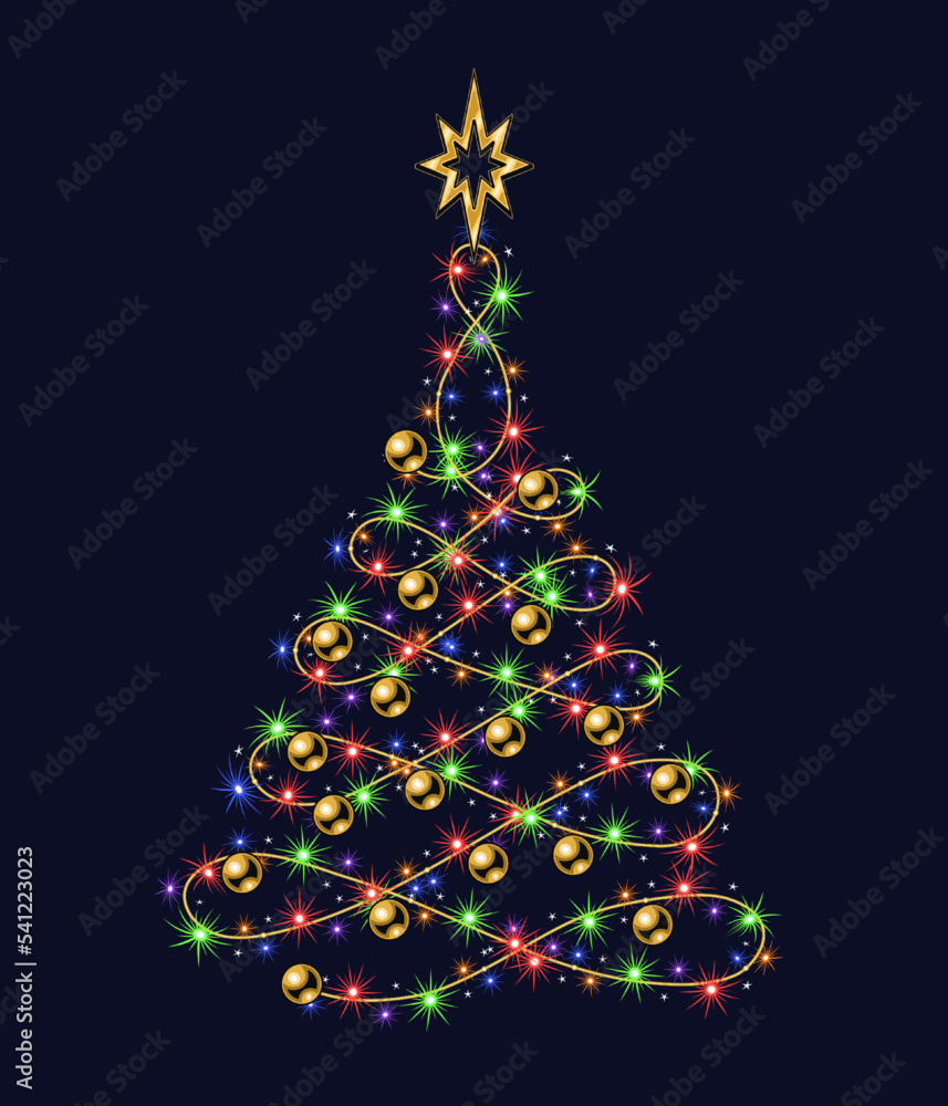 Fancy christmas tree made of festive colorful garland, gold balls, bethlehem gold star on top. Glowing sparkles, stars on wire strings. Wavy shape of tree. No transparency effect Fancy christmas tree made of festive colorful garland, gold balls, bethlehem gold star on top. Glowing sparkles, stars on wire strings. Wavy shape of tree. No transparency effect