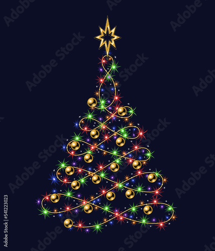 Fancy christmas tree made of festive colorful garland, gold balls, bethlehem gold star on top. Glowing sparkles, stars on wire strings. Wavy shape of tree. No transparency effect